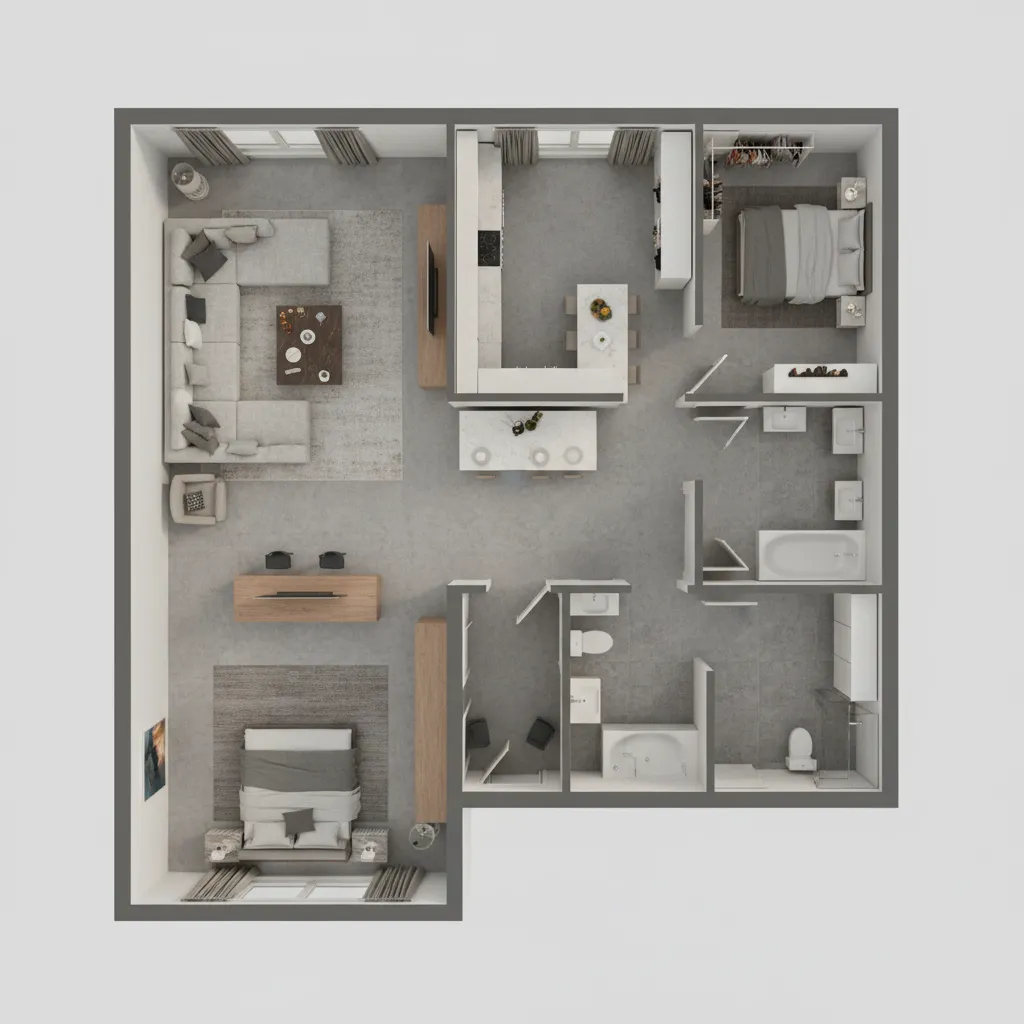 Plano 3D de una vivienda con varias habitaciones amuebladas