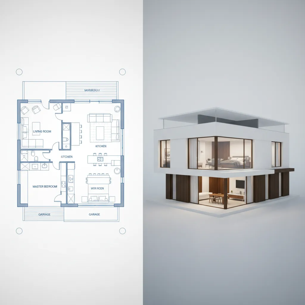 Plano de casa transformándose en modelo 3D