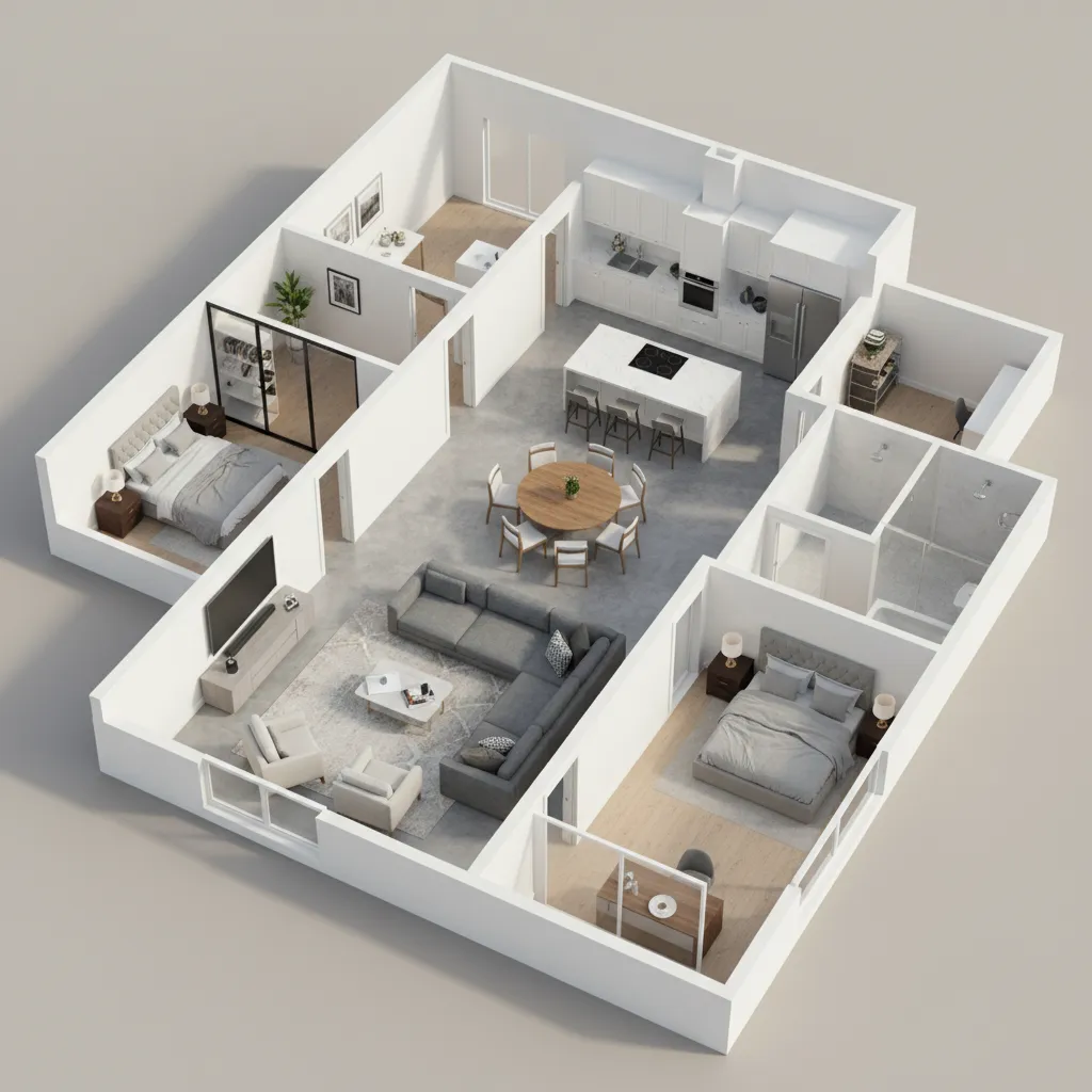 Plano 3D de distribución interior de una casa