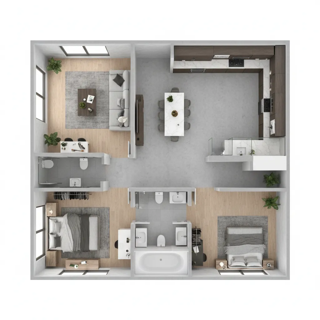 Three dimensional house floor plan showing two bedrooms two bathrooms kitchen living room and dining area
