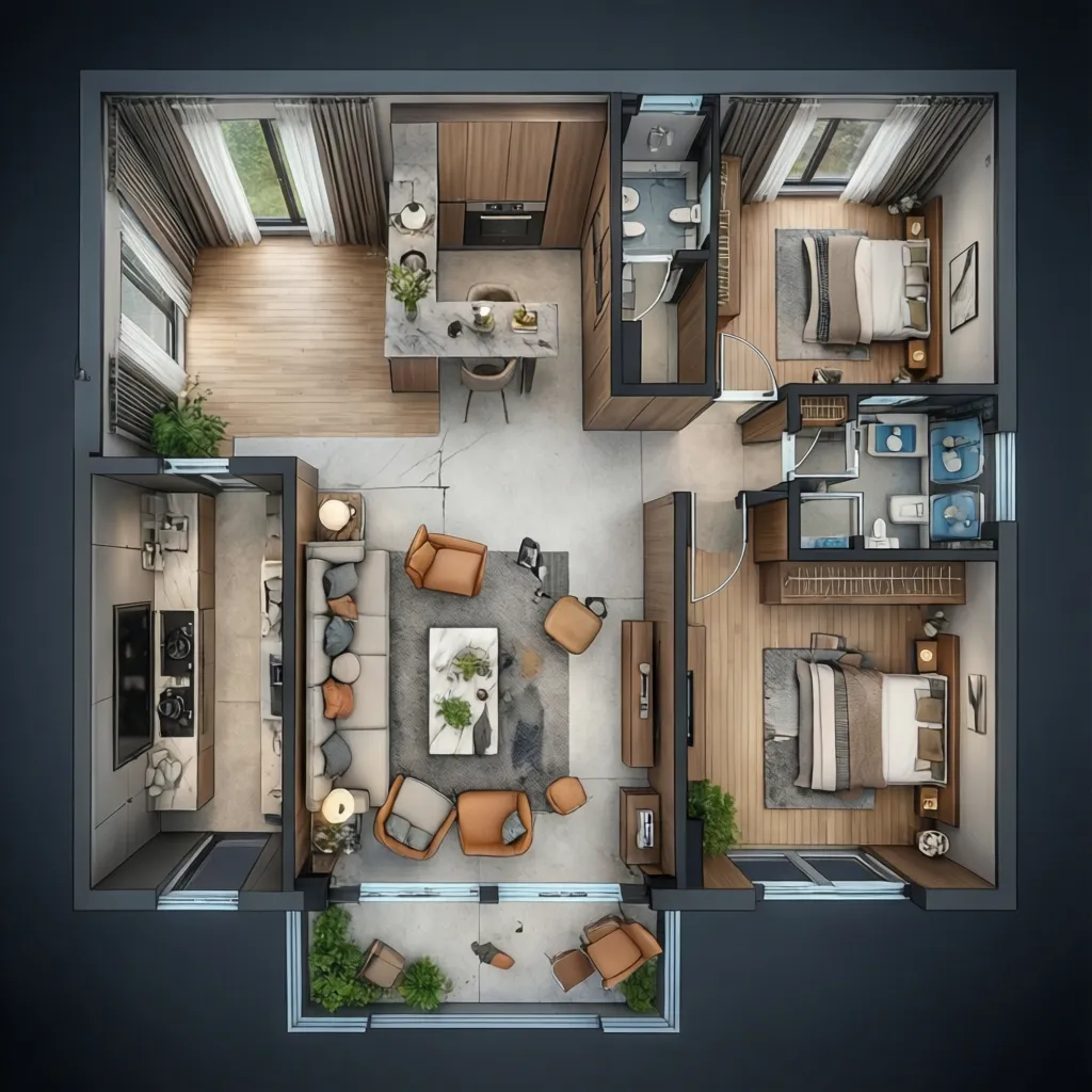 Plano arquitectónico 3D de una casa con distribución de espacios