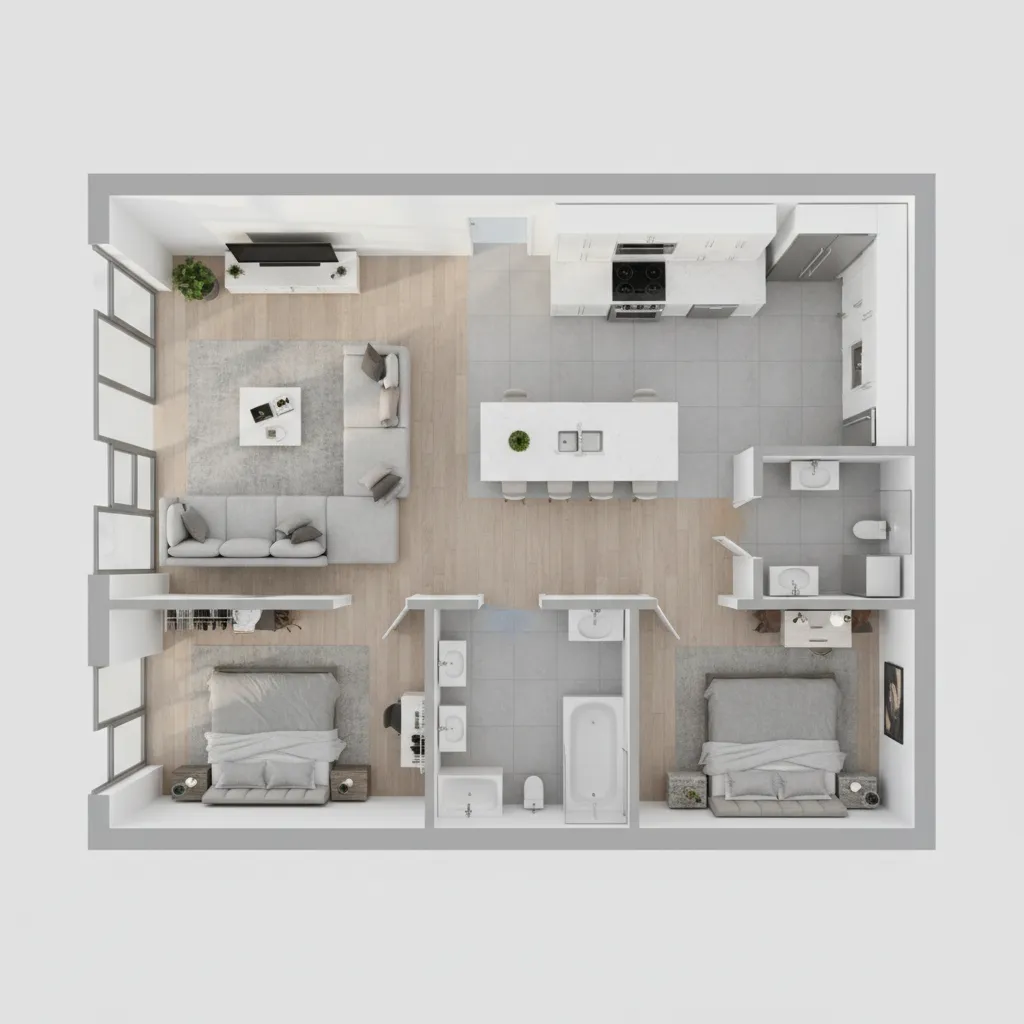 Plano 3D de una casa mostrando distribución de habitaciones
