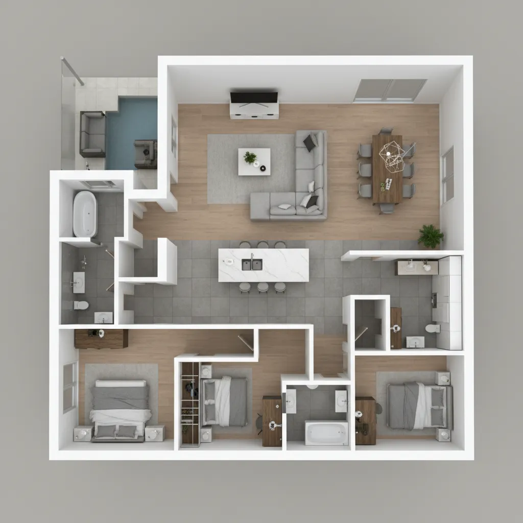 vista superior de plano 3D de una casa con habitaciones diferenciadas