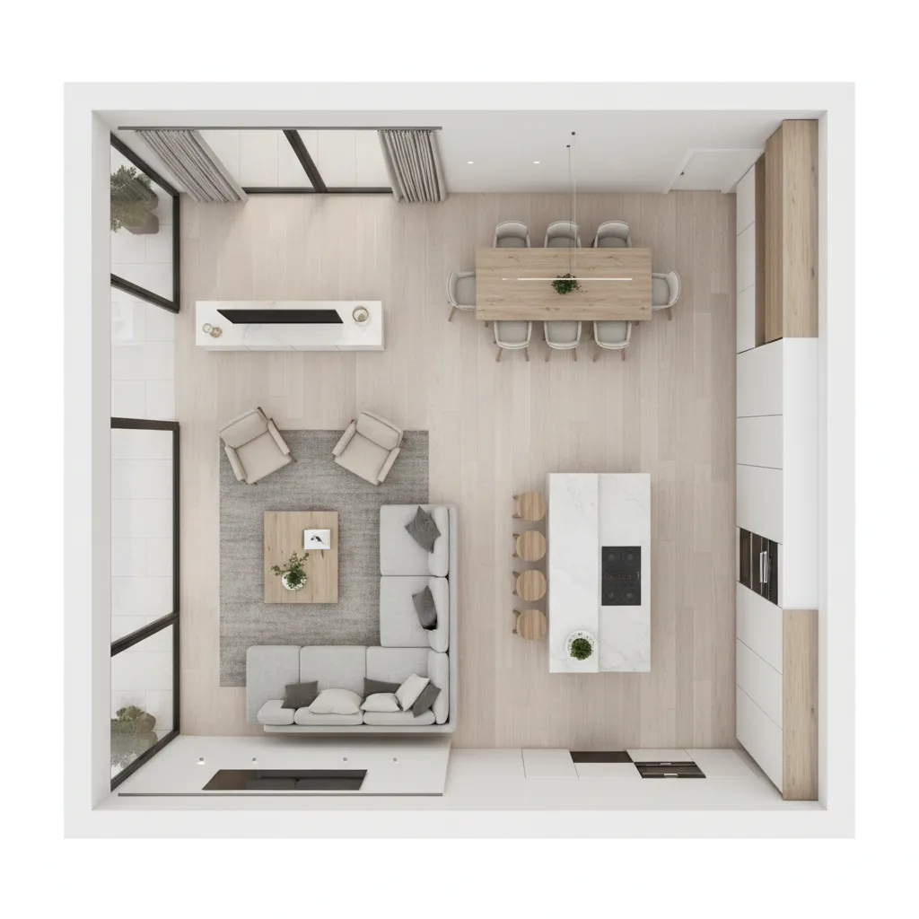 Top view of a 3D room layout showing living area dining table and open kitchen