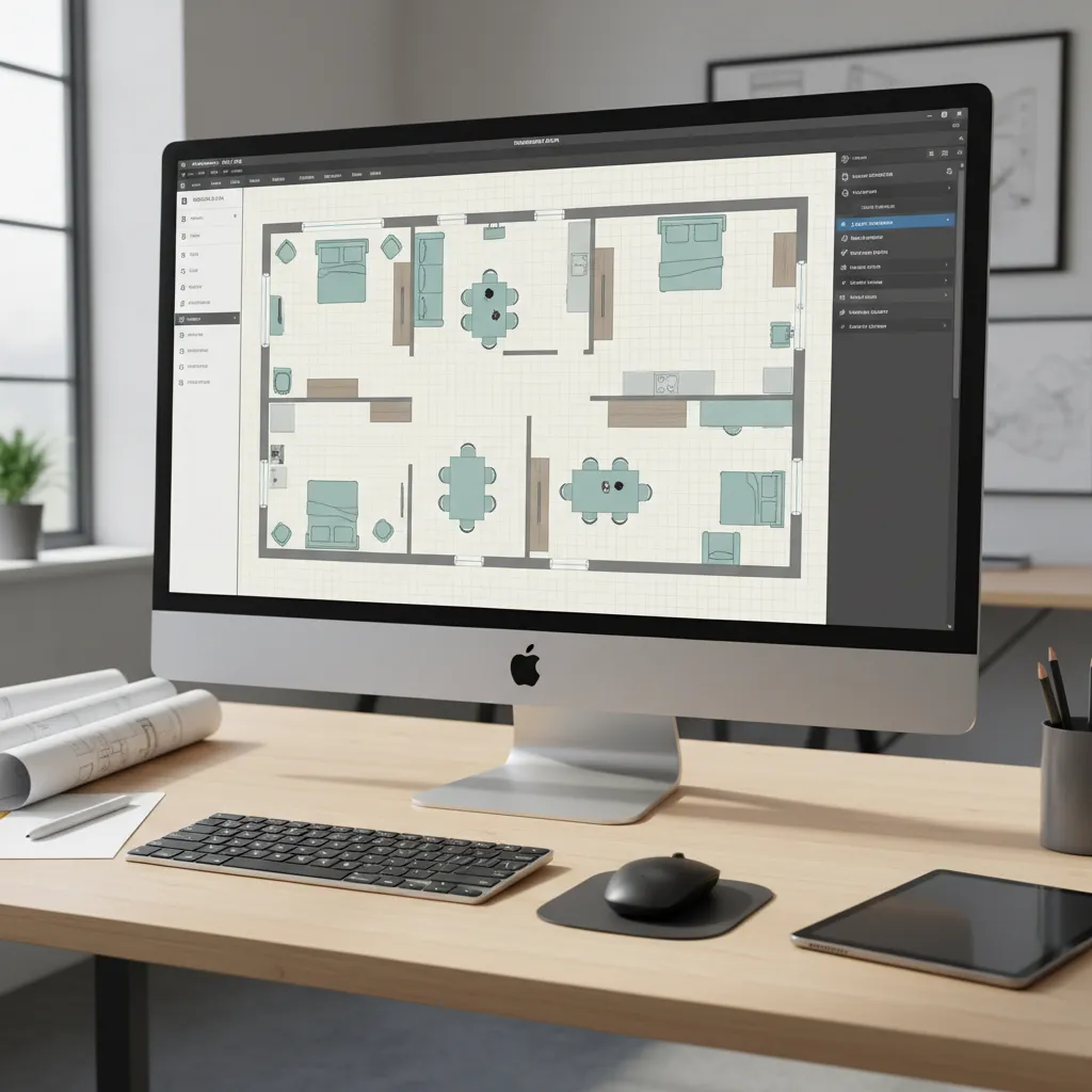 Interfaz de un editor de planos de casa en 3D con habitaciones y muebles