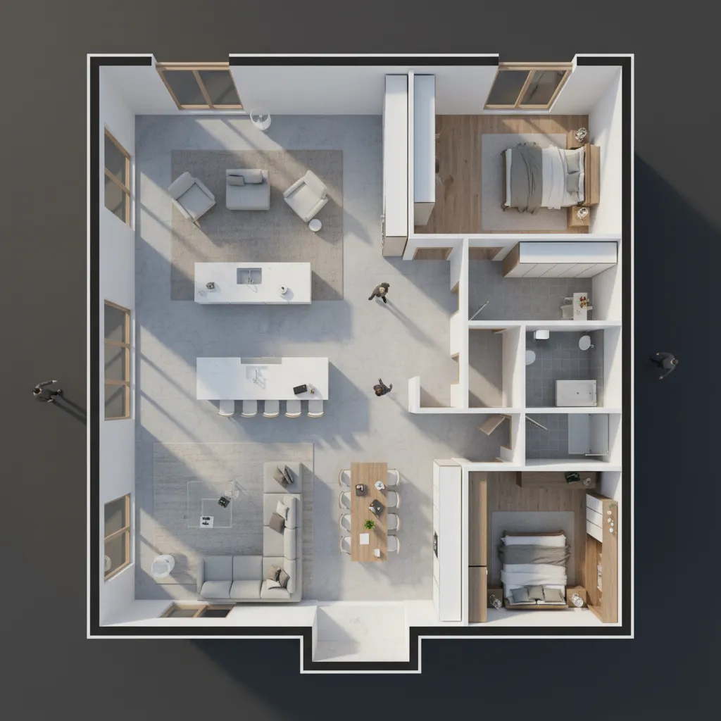 Visualización 3D de un plano de casa con habitaciones abiertas