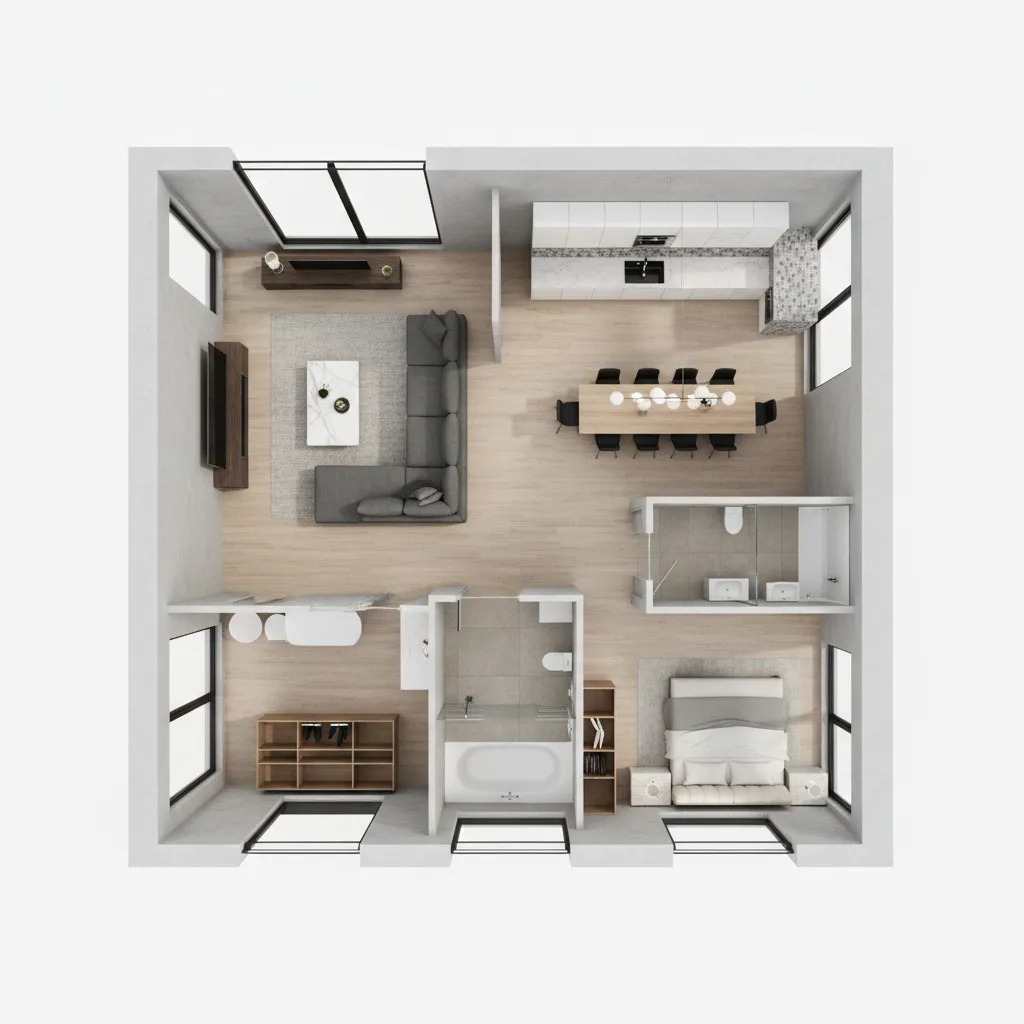 modelo digital de plano de casa en vista 3D con habitaciones visibles