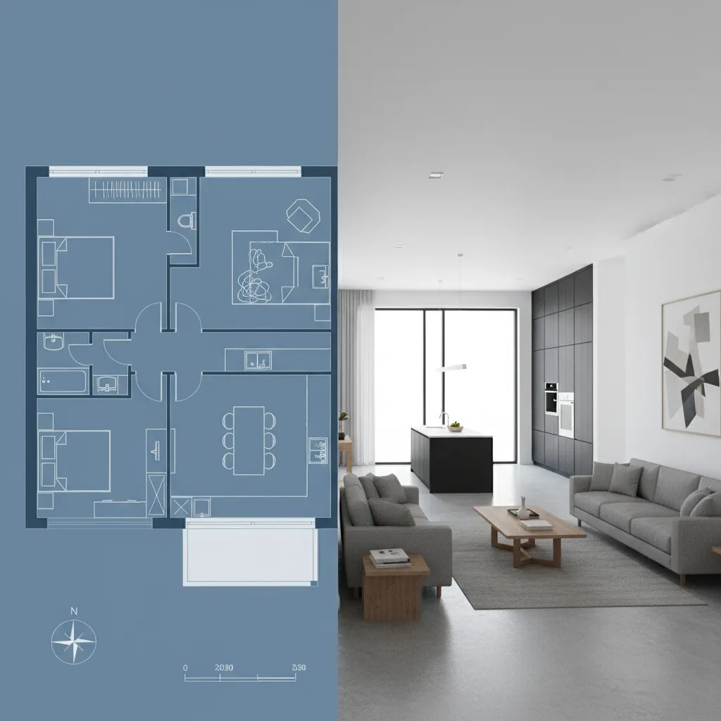 Modelo de plano de casa transformándose en visualización 3D