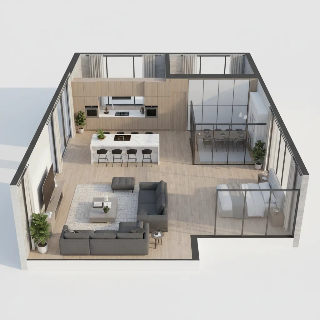 Modelo digital de plano de casa en 3D con habitaciones visibles