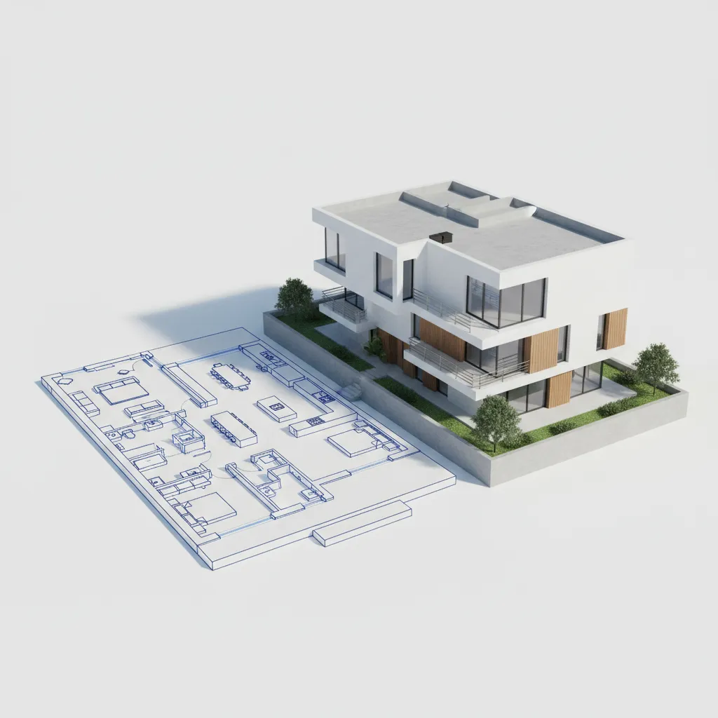 Plano arquitectónico transformándose en modelo tridimensional de una vivienda
