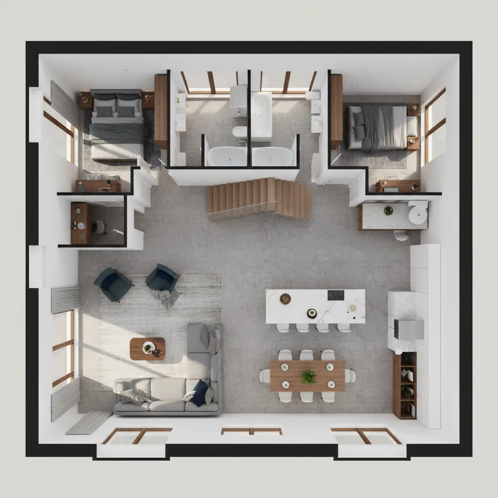 Modelo 3D de una casa basado en un plano arquitectónico.