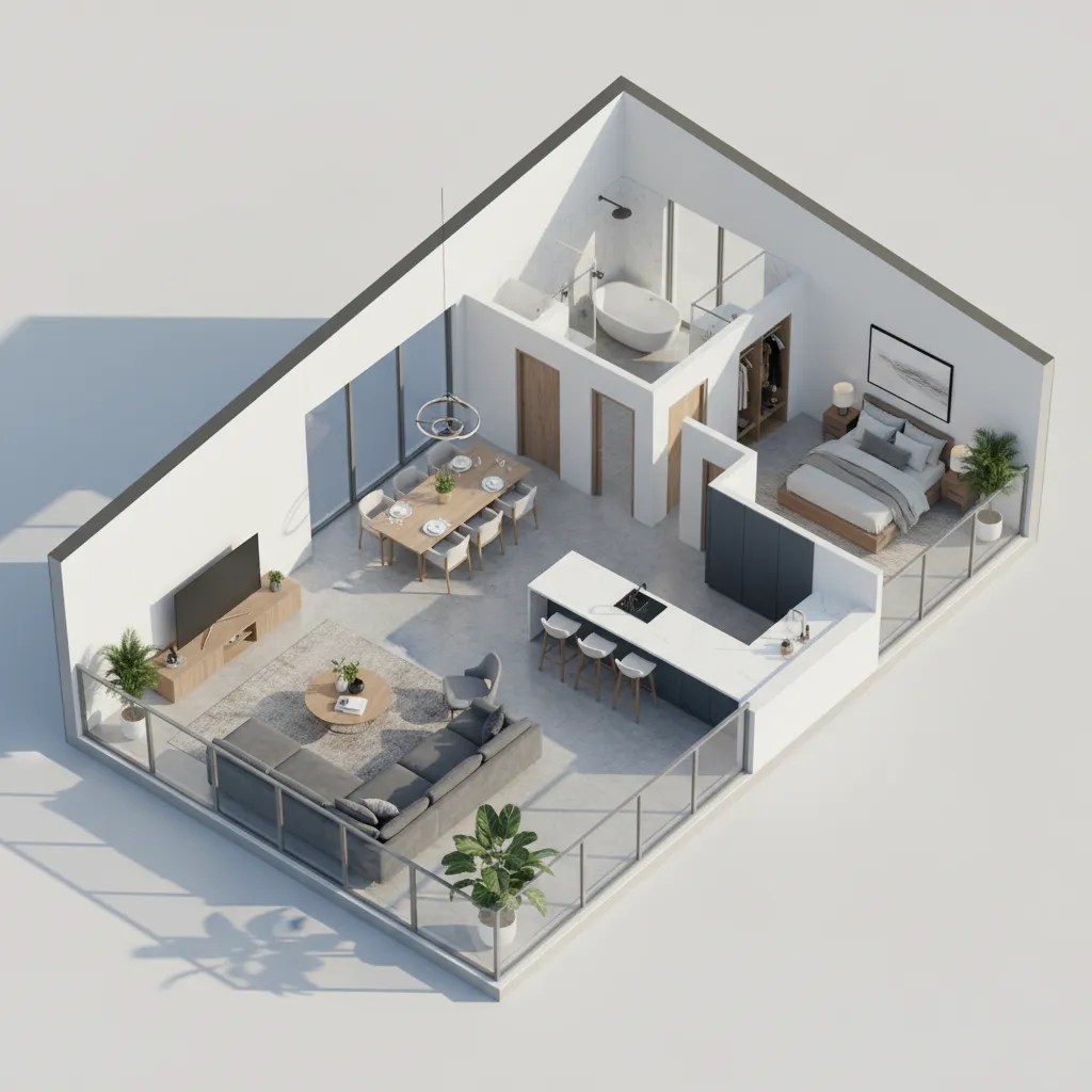 Plano 3D de una vivienda moderna con muebles y distribución visible