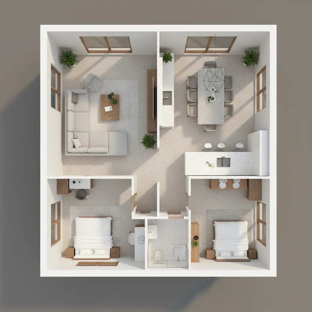 Plano de casa en 3D con varias habitaciones