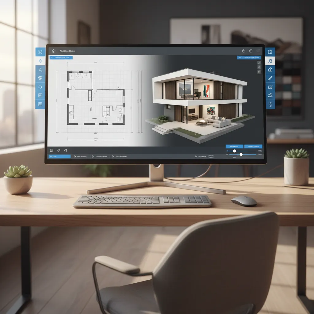 Plano digital de una vivienda convirtiéndose en modelo 3D en un software de diseño