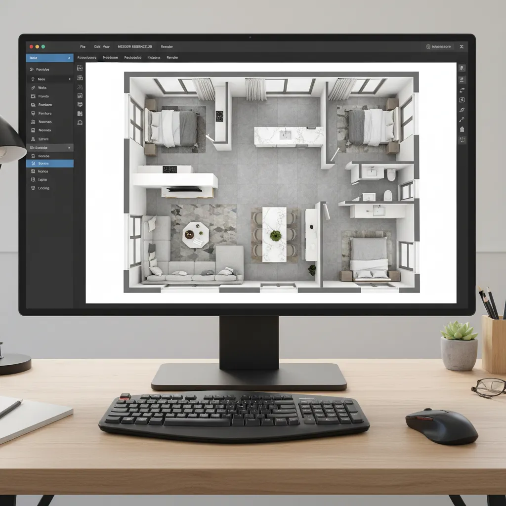 Plano de casa visualizado en 3D en software de diseño