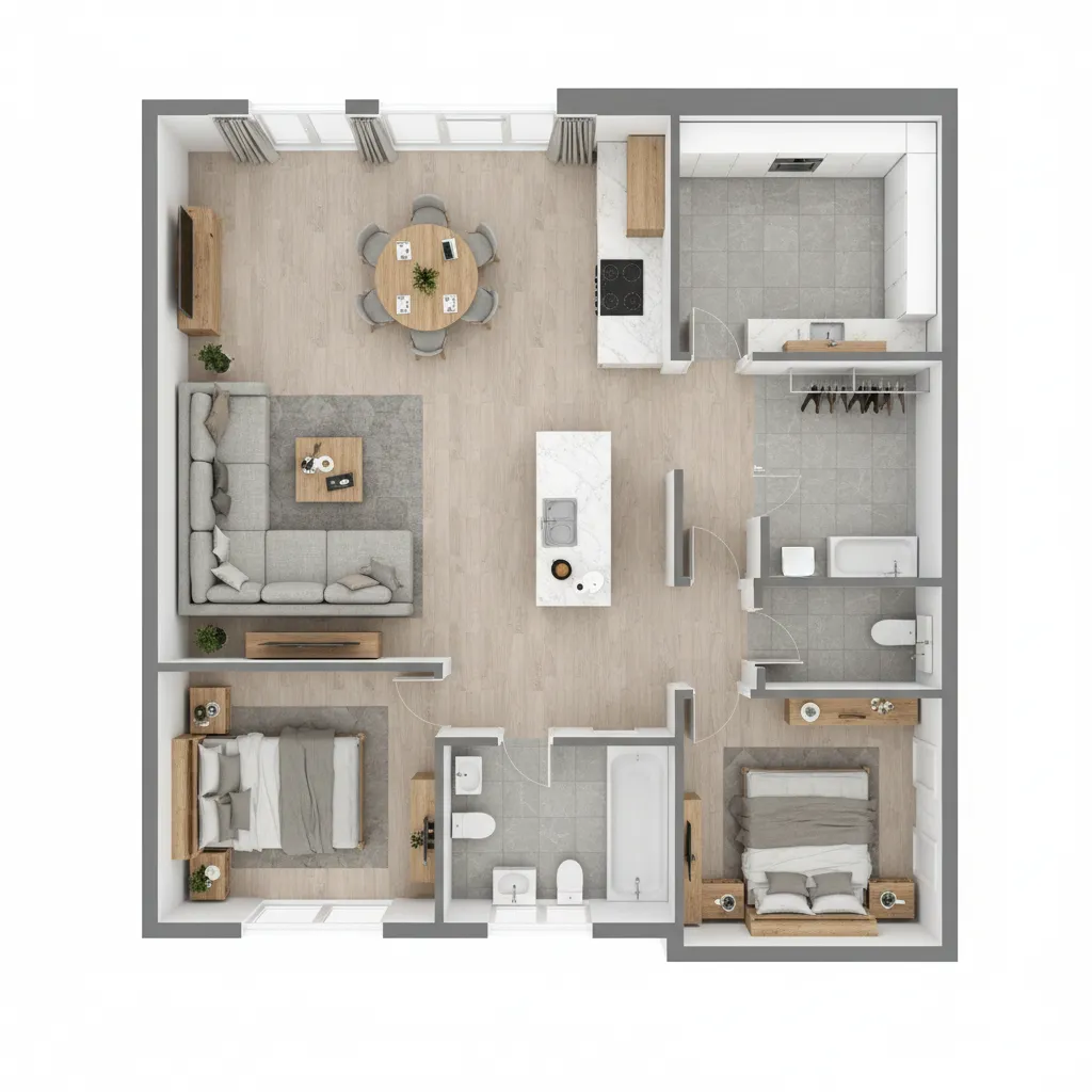 plano 3D de apartamento completo con varias habitaciones