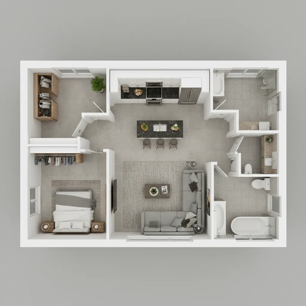Plano completo de vivienda en visualización 3D