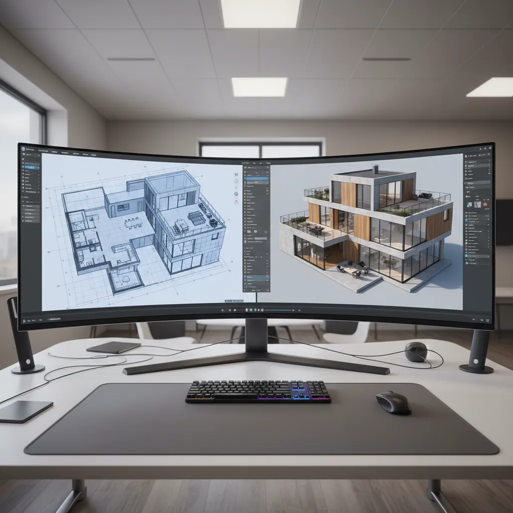 Curved monitor displaying side by side 2D floor plan and 3D house interior design drawing