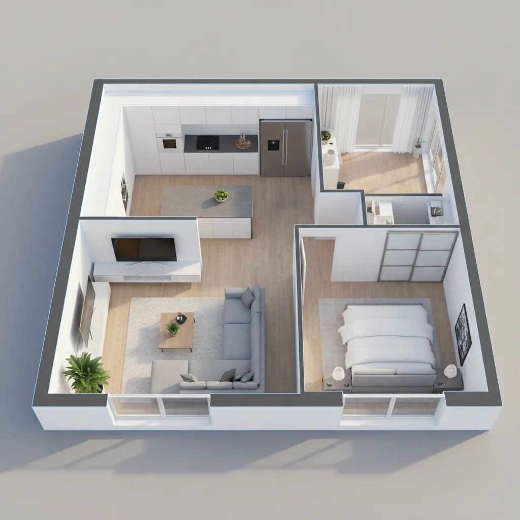 Plano digital de una casa visualizado en 3D con varias habitaciones