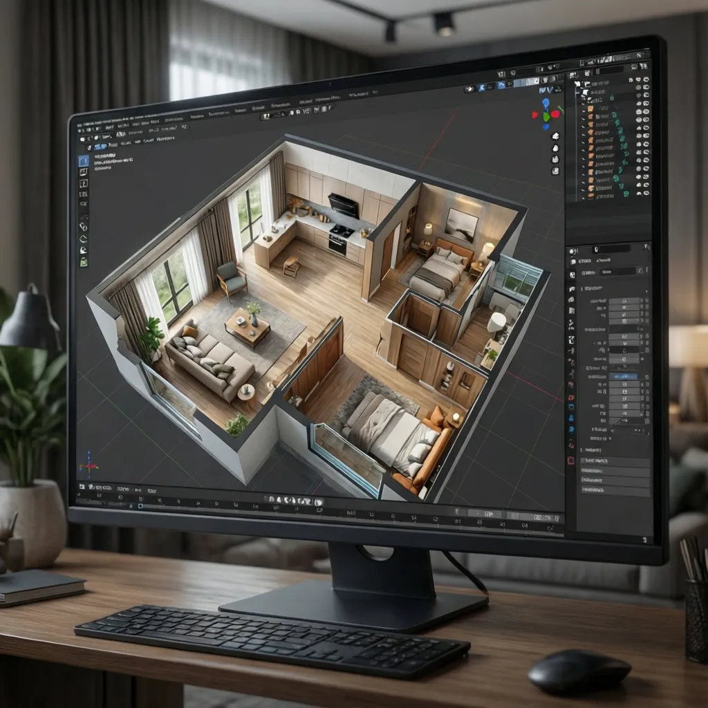 Plano 3D de una vivienda generado con software de diseño
