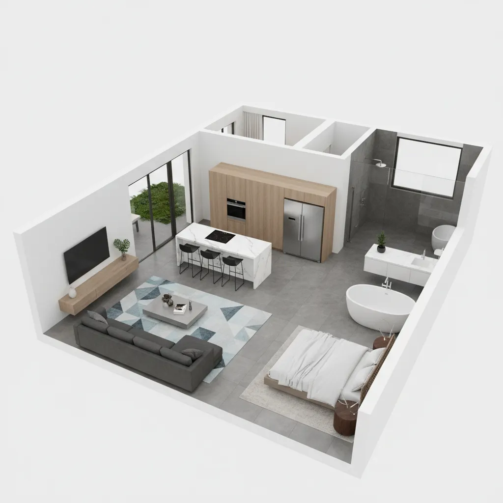 Interior design drawing of studio apartment with grey sofa kitchen island bed and white bathtub