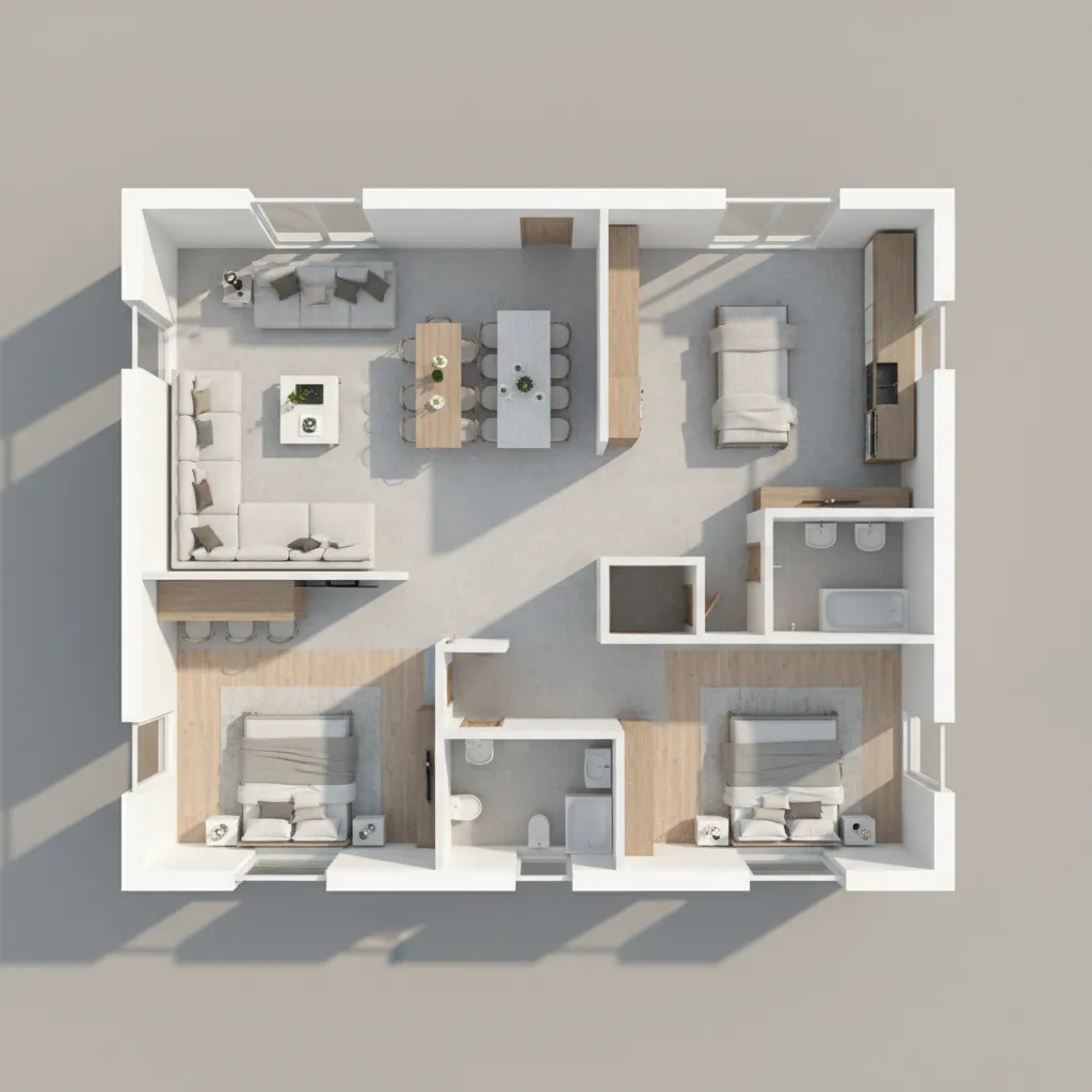 Plano 3D de una vivienda moderna visto desde arriba