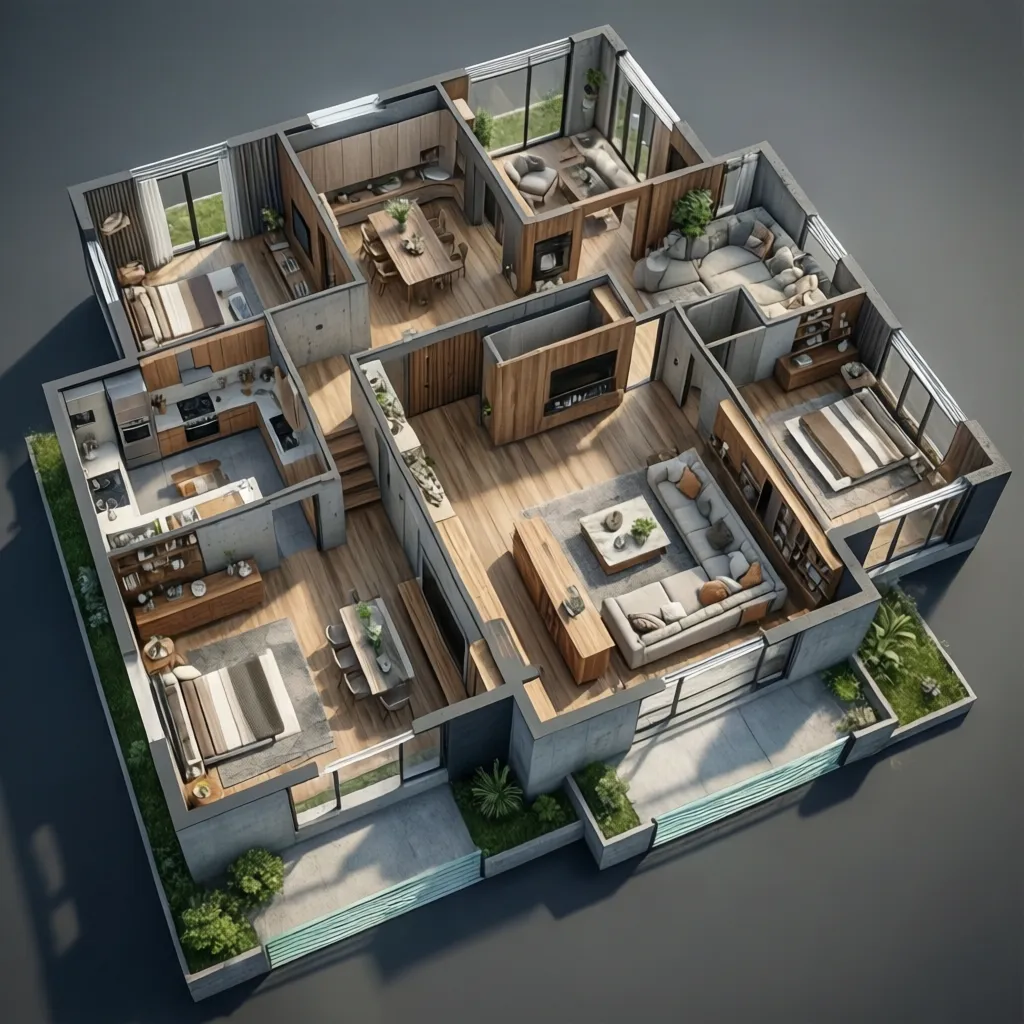 Visualización 3D de una casa moderna con distribución abierta
