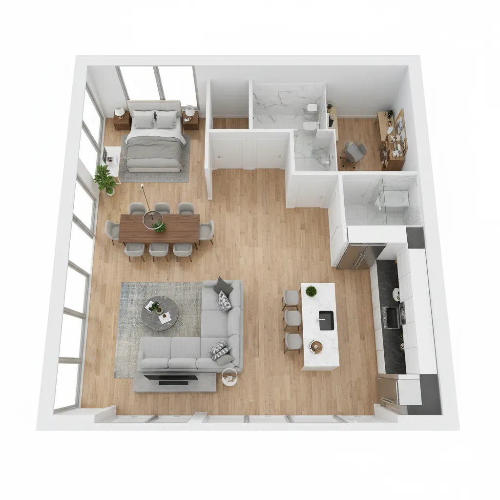 Visualización 3D de un plano de casa con muebles