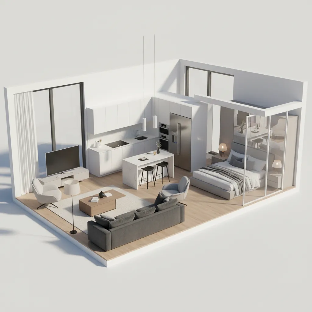 visualización 3D de un plano de vivienda con mobiliario