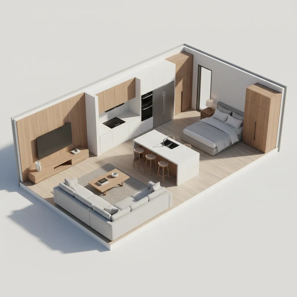 Visualización 3D de una casa con muebles y distribución interior