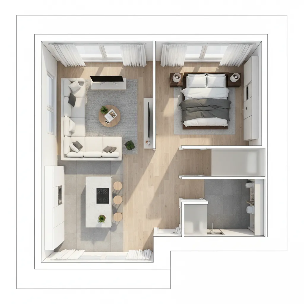 vista de planta 3D de una vivienda con habitaciones distribuidas