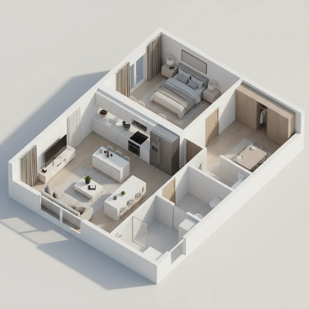 3D interior design drawing showing bedroom kitchen living area and bathroom with simple furniture layout