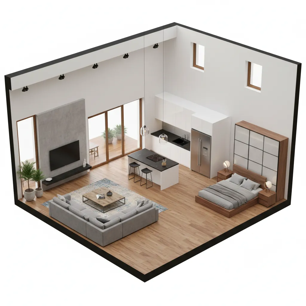 Visualización 3D de la planta de una casa moderna