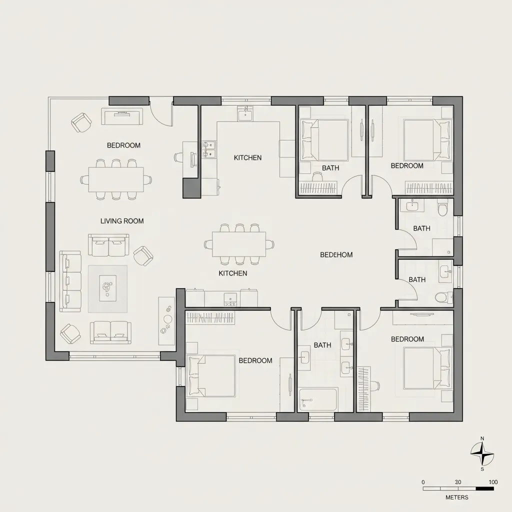 Plano arquitectónico de una casa de cuatro dormitorios con zonas sociales y privadas
