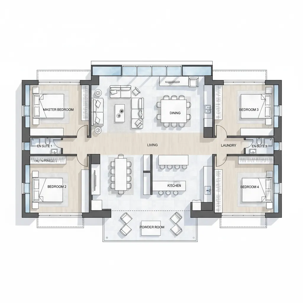 Plano arquitectónico de casa con cuatro dormitorios y zona social abierta