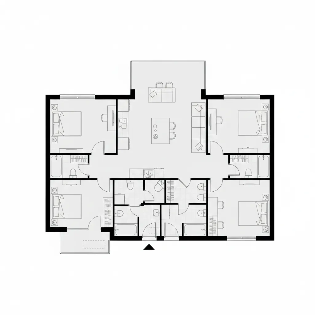 Plano arquitectónico de casa de una planta con cuatro dormitorios