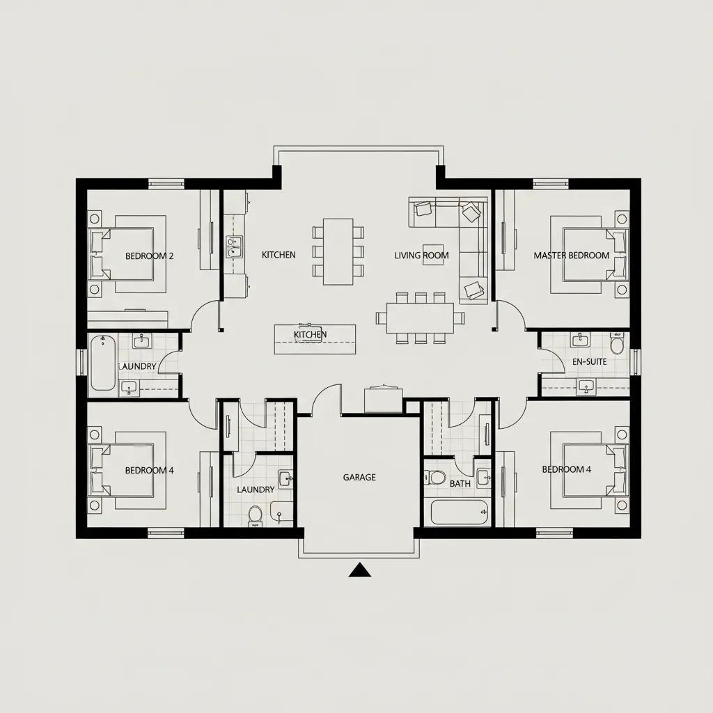 Plano arquitectónico de casa de una planta con cuatro dormitorios