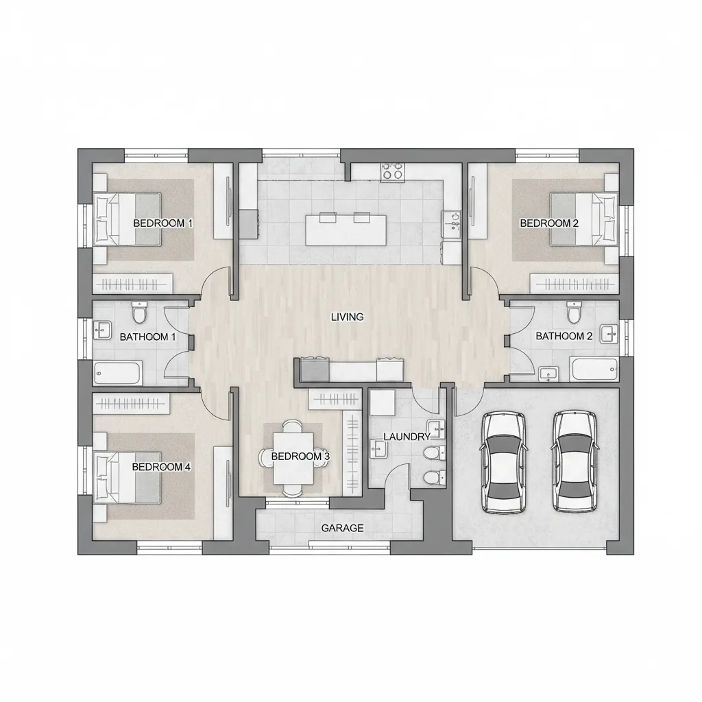 Plano arquitectónico de una casa con cuatro dormitorios y zonas sociales