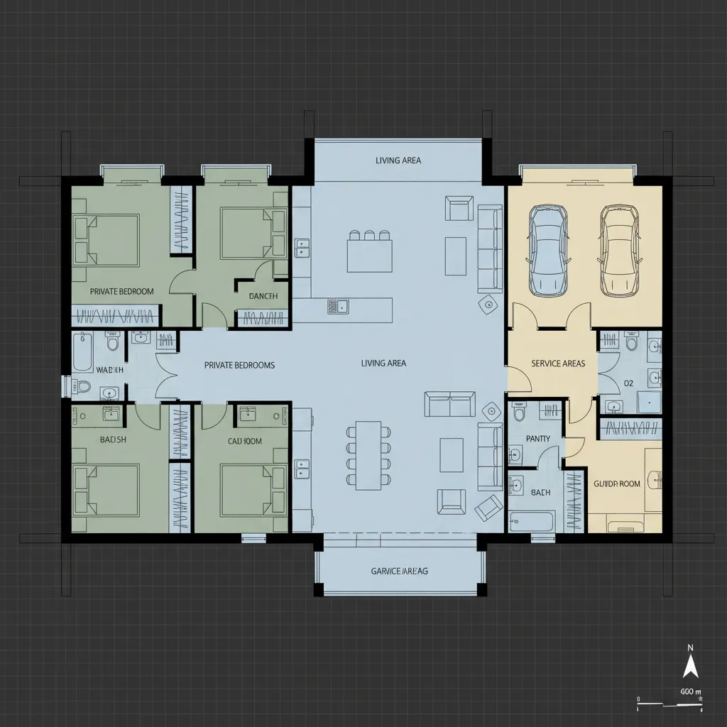 Plano conceptual de una casa grande con zonificación de áreas sociales y privadas