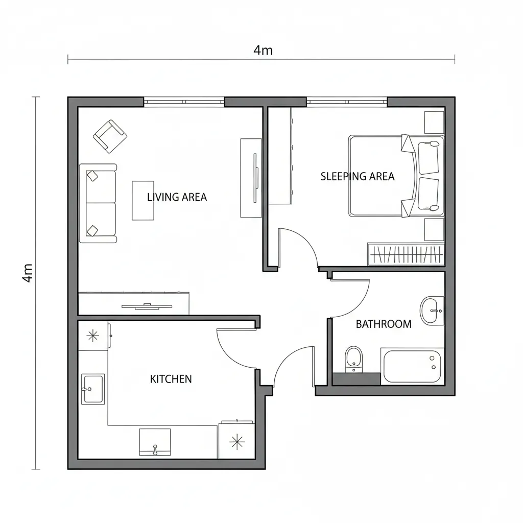 Plano de distribución eficiente para una casa de 4x6 metros
