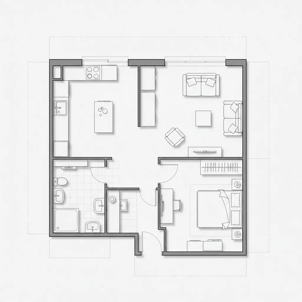 Plano de distribución de una casa de 50 metros cuadrados con cocina abierta