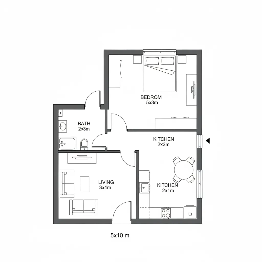 Plano arquitectónico de una casa de 5x10 metros