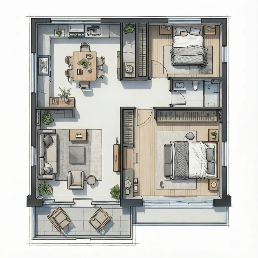 Plano arquitectónico de una casa de 5 x 12 metros con distribución lineal