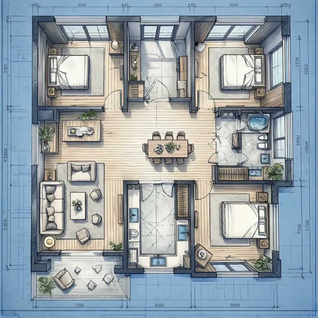 Plano arquitectónico de una casa 5x15 con distribución longitudinal
