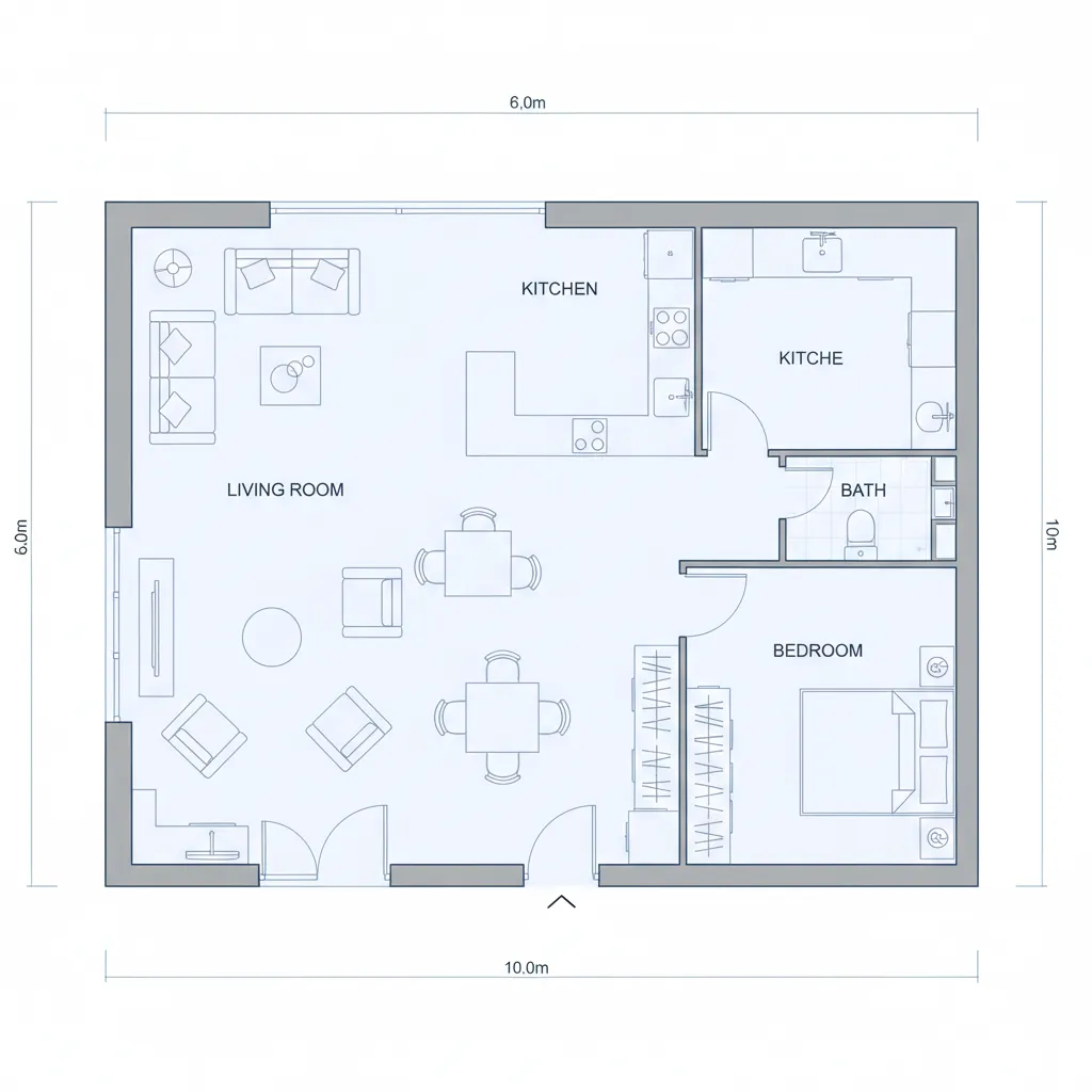 Plano de distribución eficiente para una casa de 60 metros cuadrados
