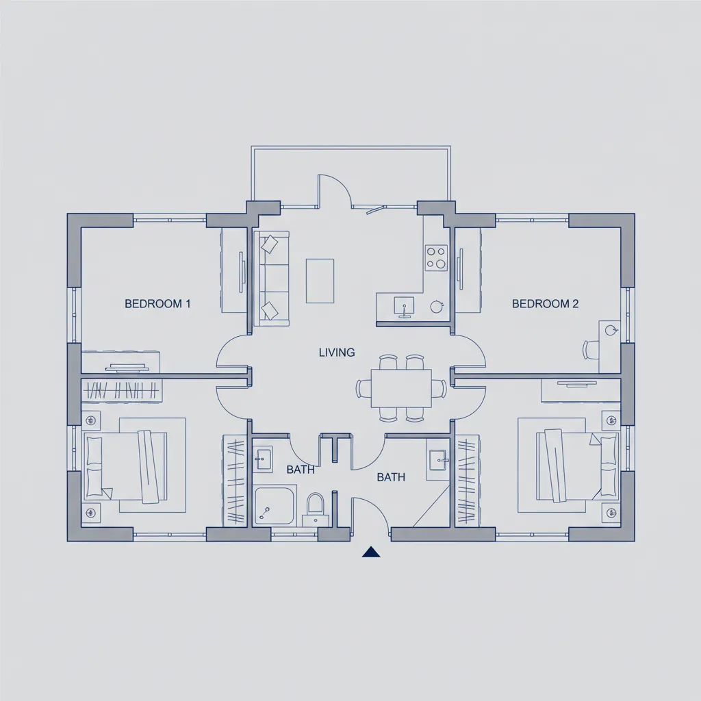 2D interior design drawing showing a two bedroom apartment layout with living room and bathrooms