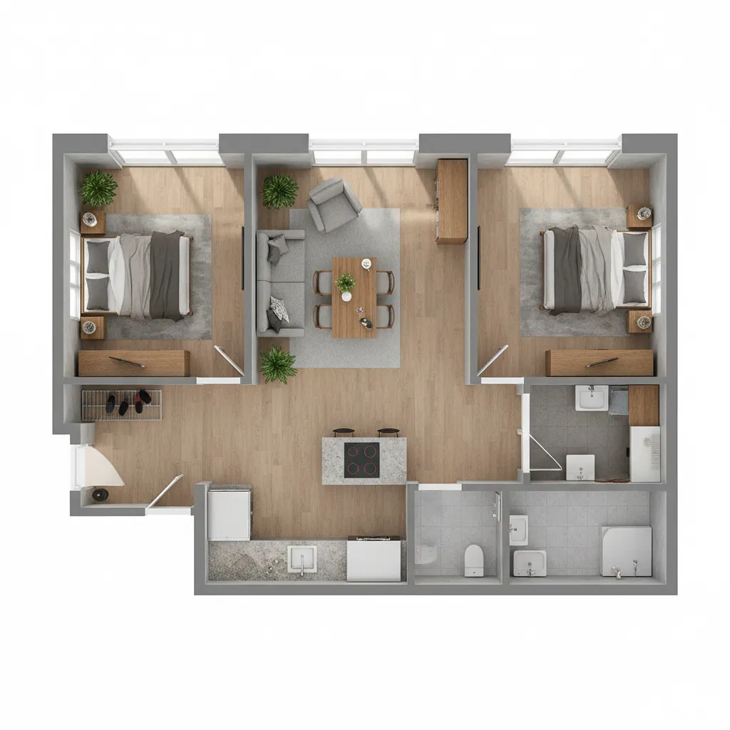 Plano de casa pequeña de 60 metros cuadrados con dos dormitorios