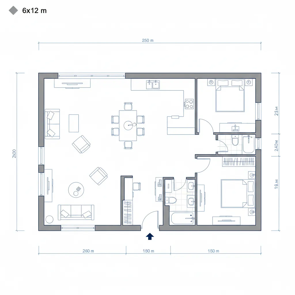 Plano arquitectónico de una casa de 6 x 12 metros
