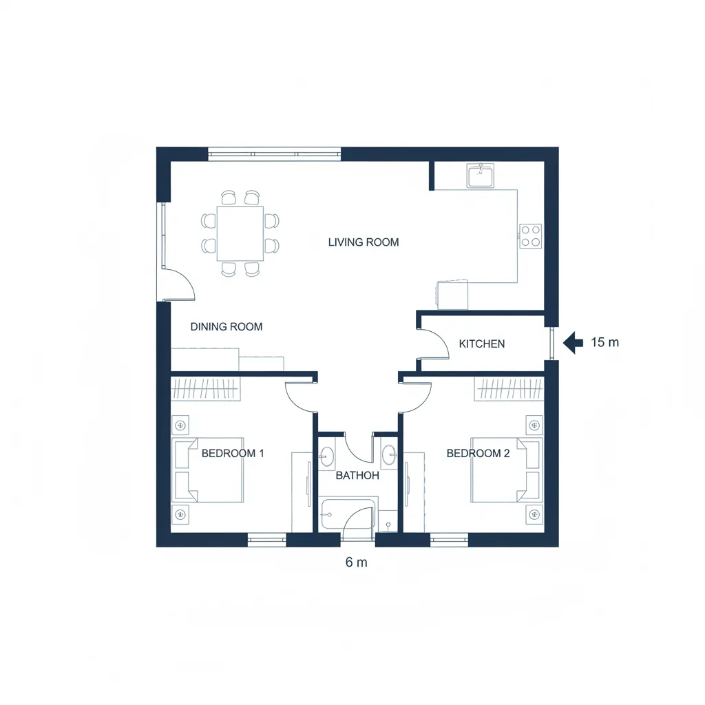 Simple 2D floor plan layout showing two bedrooms living room kitchen dining room and bathroom