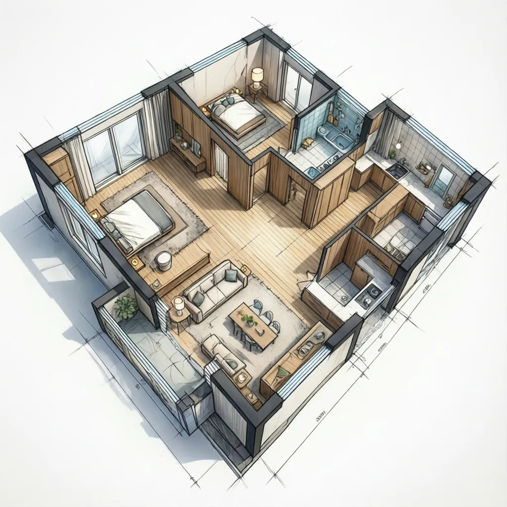 Plano arquitectónico de casa de 6x6 metros con dos habitaciones